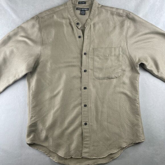 VTG John Henry Shirt Mens M Khaki Ultra Feel Band Collar Long Sleeve Textured - Picture 2 of 8